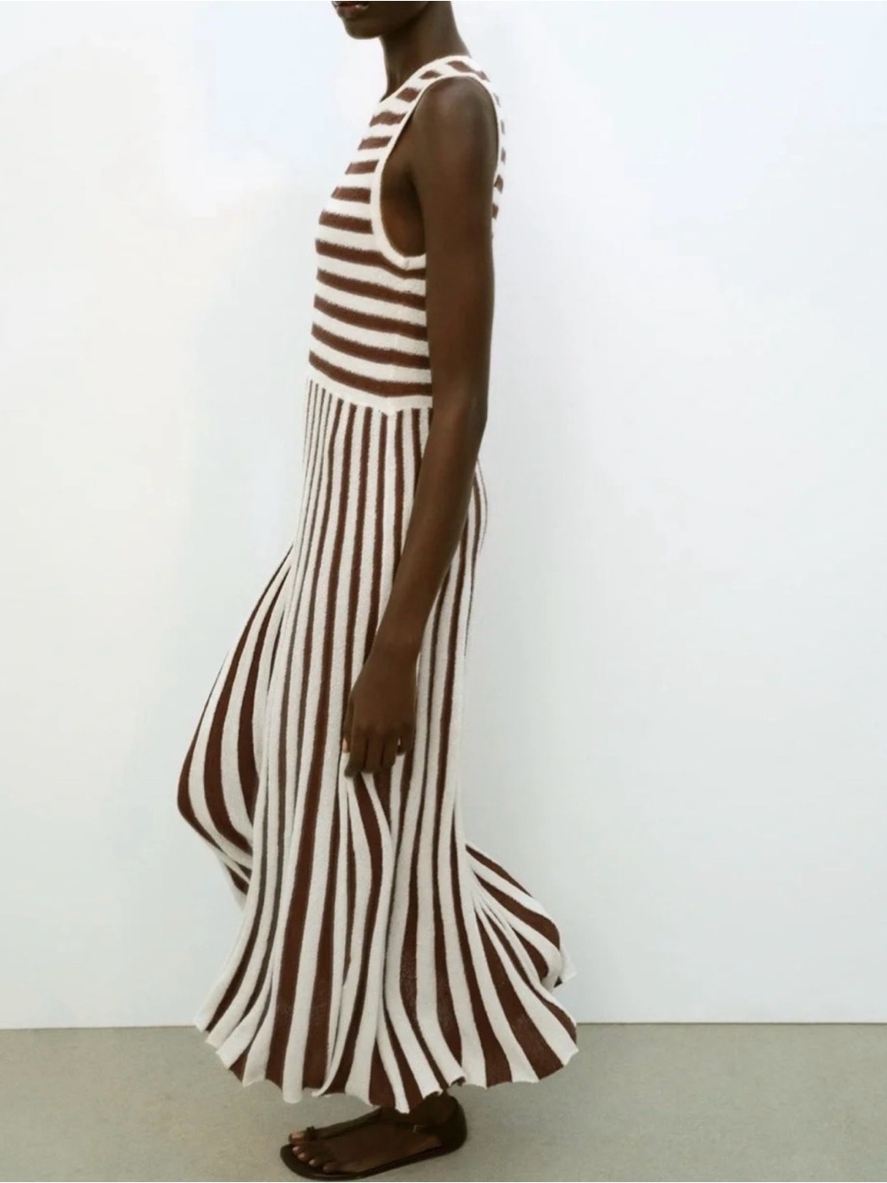 Zara Brown & White Sleeveless Striped Maxi Dress